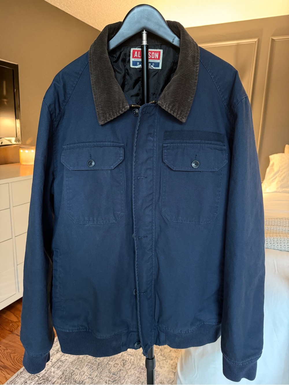 ALL-SON Men’s XL Navy Work Jacket Corduroy Collar Button Zip Utility Coat